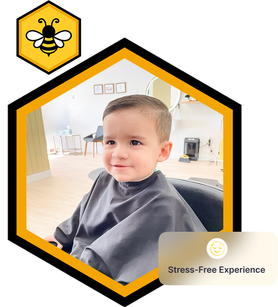 Child getting a haircut with a bee logo and 'Stress-Free Experience' text.