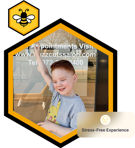 Child with a bee logo and text overlay on a white background